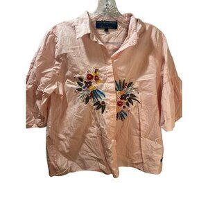 Gretchen Barretto For Kamiseta Pink Embroidered Floral Blouse With Flared Sleeve